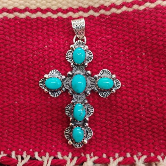 Large Ornate Southwest Sterling Silver Cross Pendant w/ Turquoise 2.5" Long - Picture 1 of 4